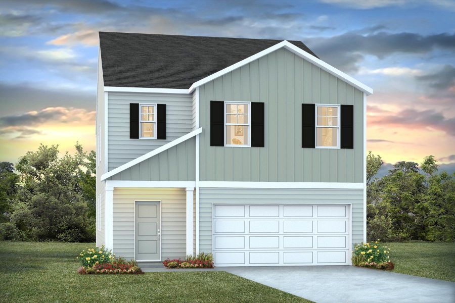 Front exterior of a new home in Pine Hills at Cane Bay, Summerville, SC, highlighting curb appeal (Image 1). Front exterior of a new home in Pine Hills at Cane Bay, Summerville, SC, highlighting curb appeal (Image 1).