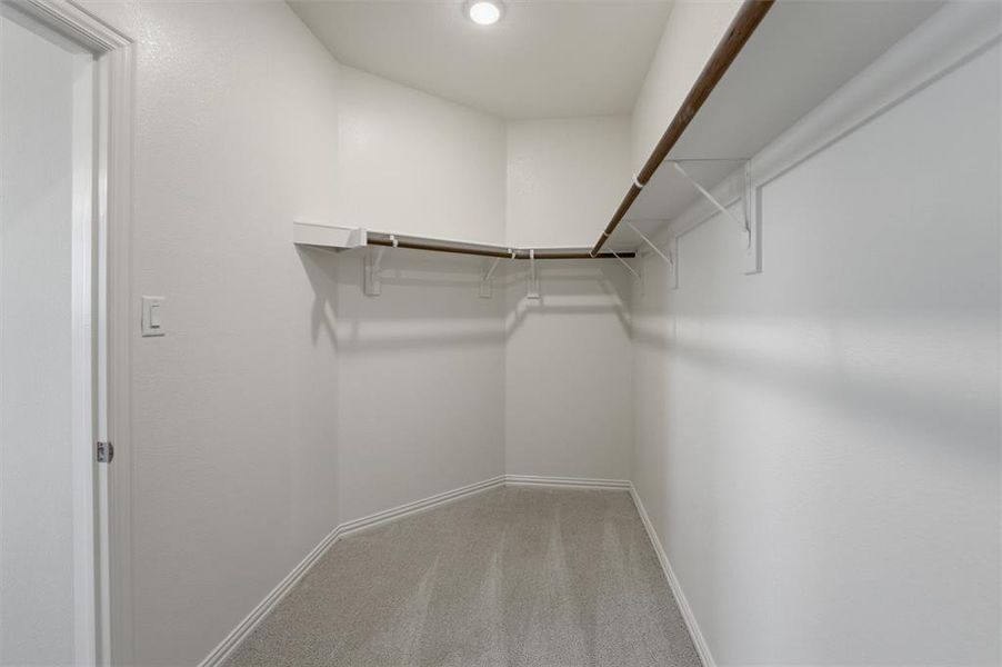 Walk in closet with light carpet