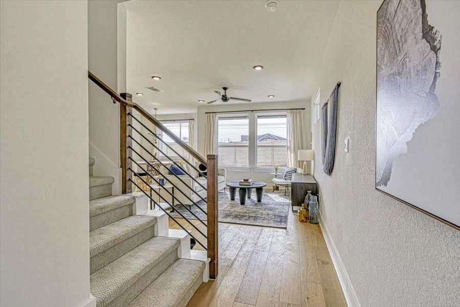 Furnished interior view inside a new home in Townhomes at Gattis, Round Rock (Image 5). Furnished interior view inside a new home in Townhomes at Gattis, Round Rock (Image 5).