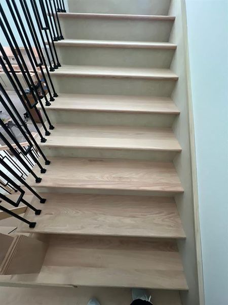 Wood stairs with wrought iron railing