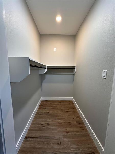 Spacious walk-in closet in primary bedroom.