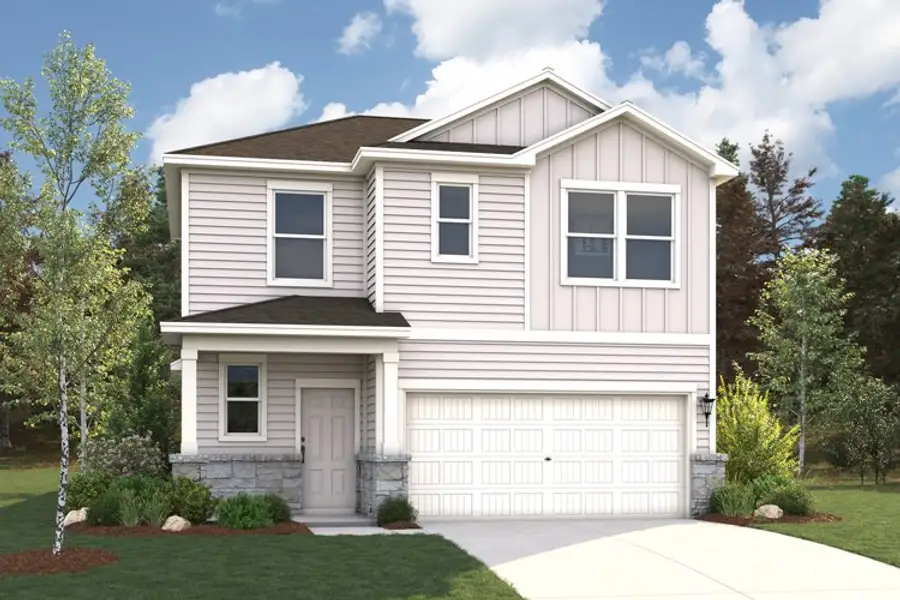 Front exterior of a new home in The Meadows at Stallion Run, Buda, TX, highlighting curb appeal (Image 1). Front exterior of a new home in The Meadows at Stallion Run, Buda, TX, highlighting curb appeal (Image 1).