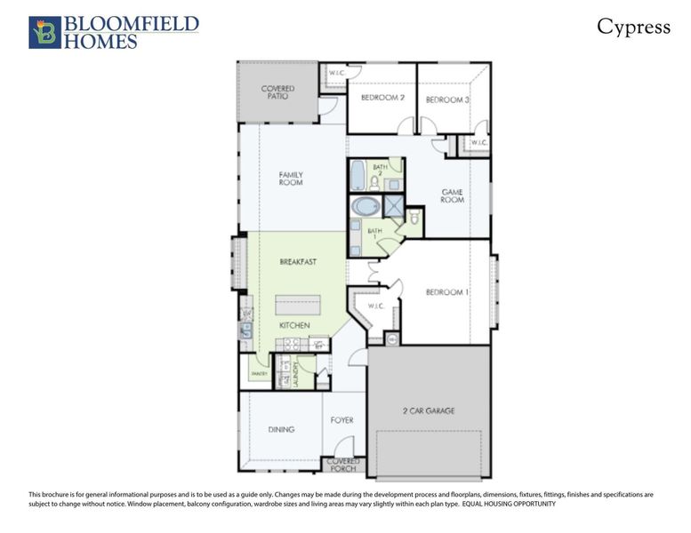 Bloomfield Homes Cypress floor plan with 3 bedrooms, game room, family room, kitchen, and 2-car garage. Bloomfield Homes Cypress floor plan with 3 bedrooms, game room, family room, kitchen, and 2-car garage.