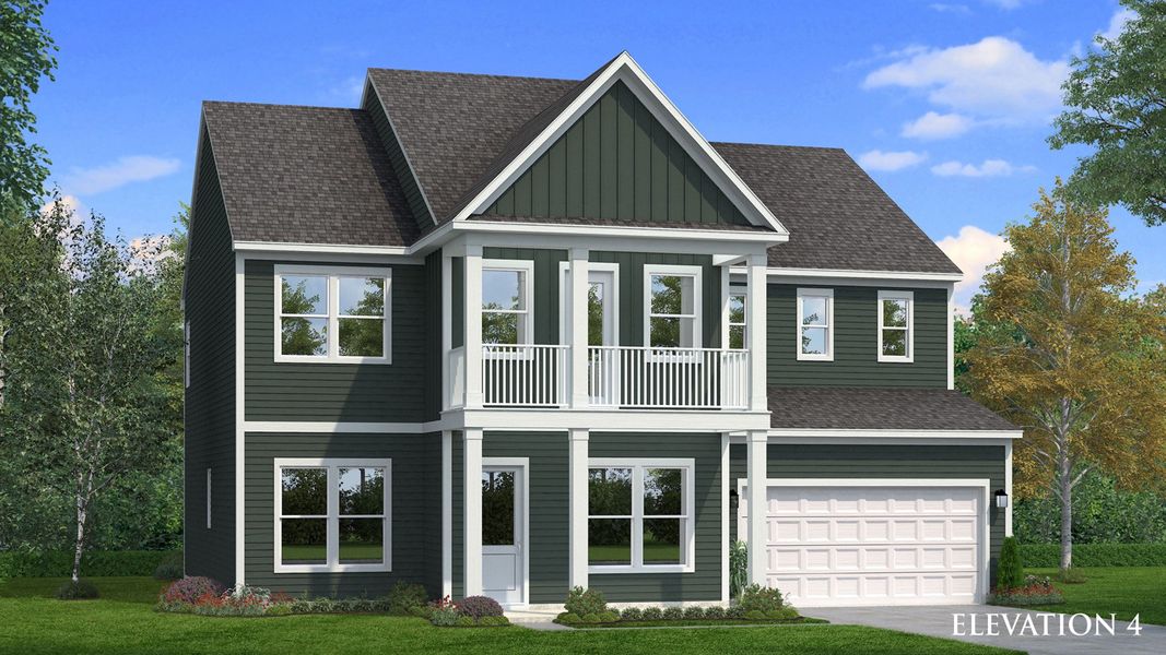 Exterior rendering of home with covered front entry and second floor balcony