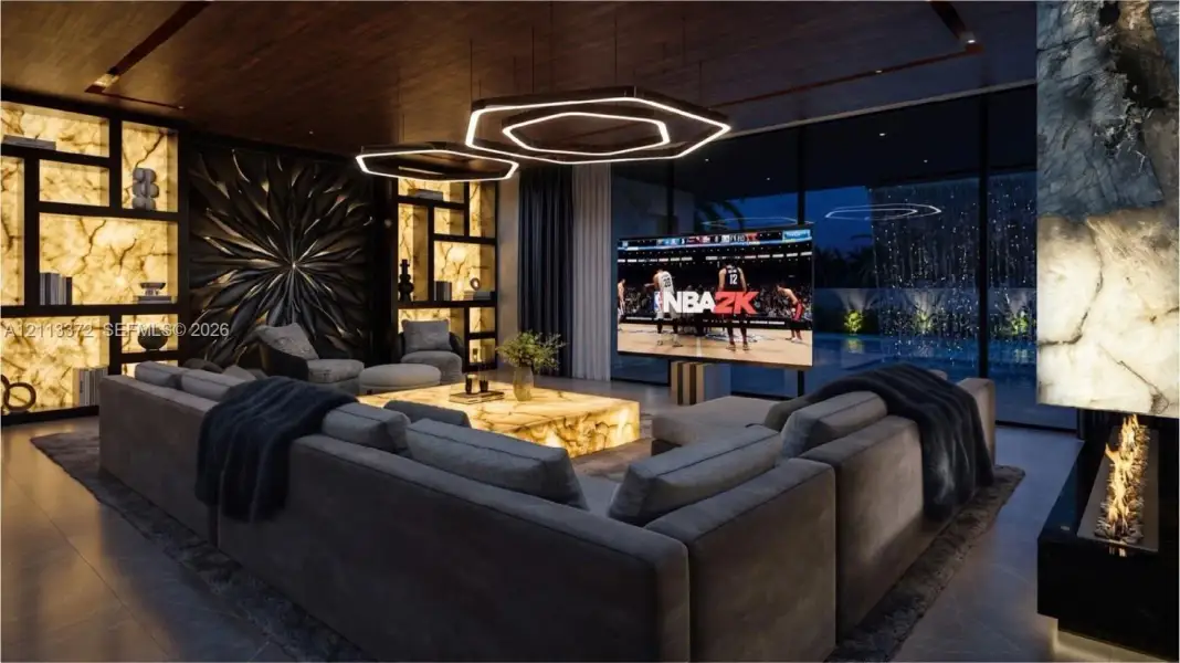 Living space featuring backlit stone shelving, a custom geometric wood-paneled ceiling, hexagonal pendant lighting, floor-to-ceiling glass wall panels, and a linear fireplace