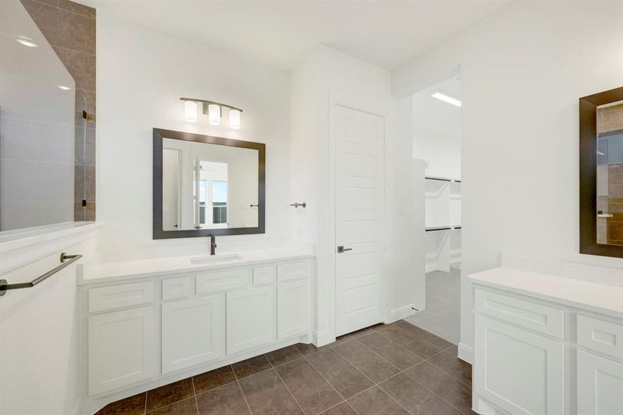 Bathroom featuring vanity, a walk in closet, and dark tile patterned floors Bathroom featuring vanity, a walk in closet, and dark tile patterned floors