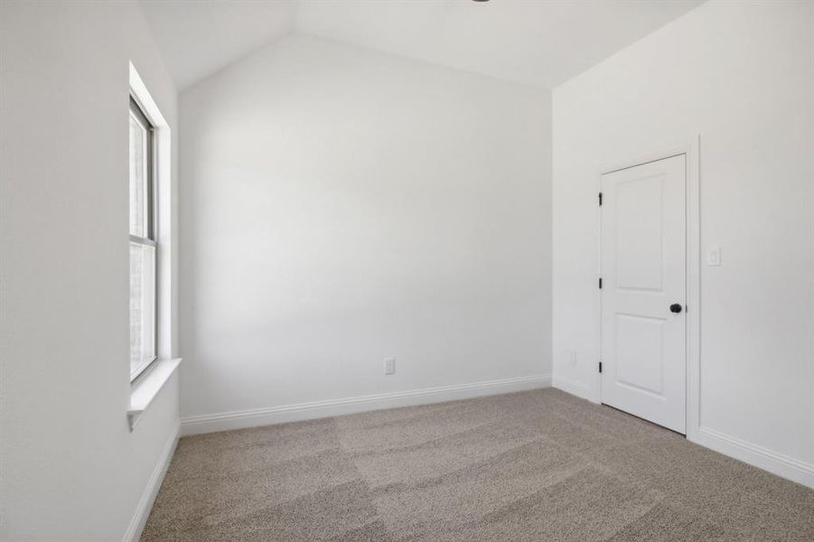 Carpeted spare room featuring lofted ceiling