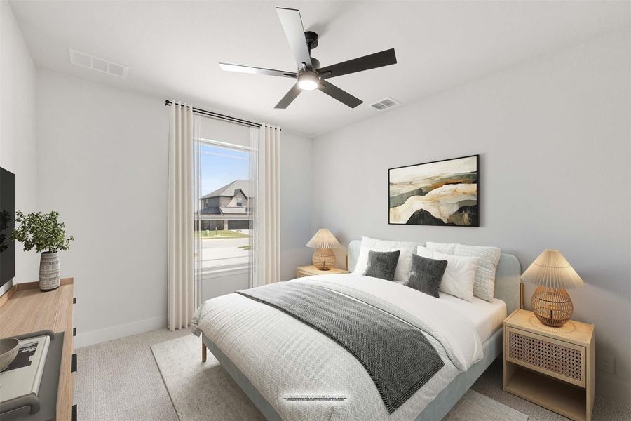 Bedroom with queen bed, ceiling fan, carpet flooring, and large window with natural light