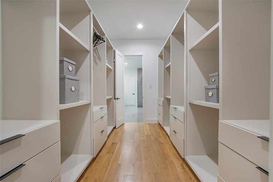 Spacious closet featuring light wood-type flooring