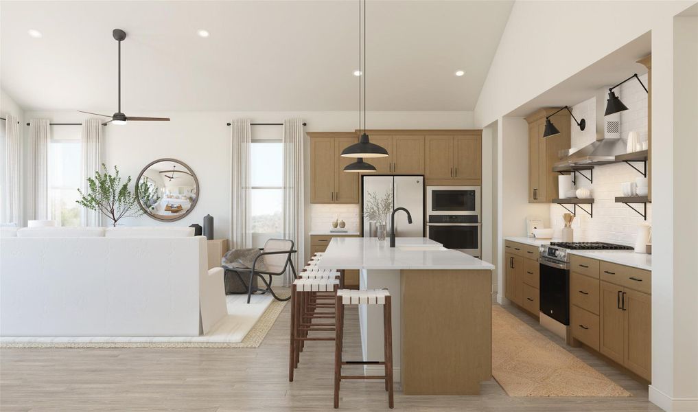 Gorgeous kitchen with chestnut brown cabinets and quartz counters (*Artist rendering used for illustration purposes only.)
