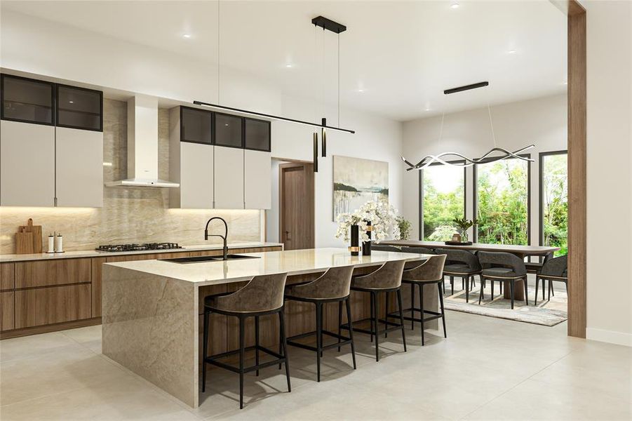 Kitchen featuring white cabinetry, modern cabinets, and light stone counters