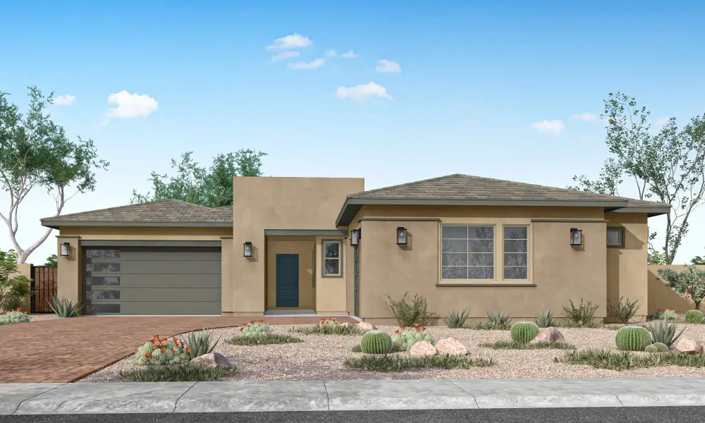 Front exterior of a new home in Abel Ranch, Goodyear, AZ, highlighting curb appeal (Image 1). Front exterior of a new home in Abel Ranch, Goodyear, AZ, highlighting curb appeal (Image 1).