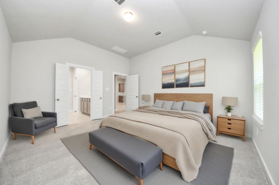 Virtually Staged - Primary bedroom. Sample photo of completed home with similar floor plan. Actual colors and selections may vary.