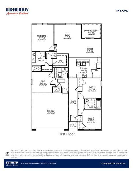 2D floor plan layout for the Cali by D.R. Horton in The Lakes at North Glynn, Brunswick, GA (Image 3).