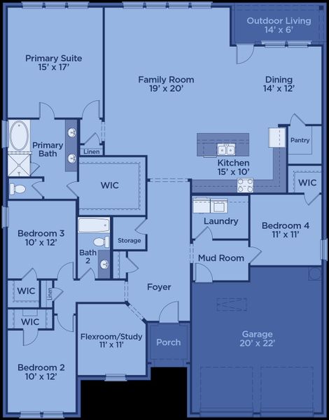 2D floor plan layout for the Bridgeport by UnionMain Homes in Lake Breeze, Lavon, TX (Image 5).