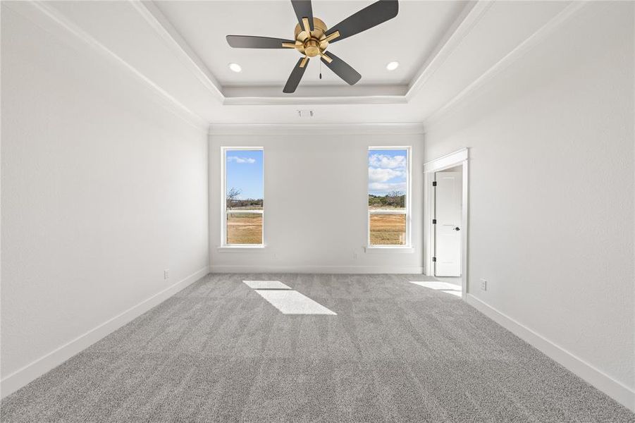 Carpeted spare room with a ceiling fan, crown molding, a raised ceiling, and recessed lighting