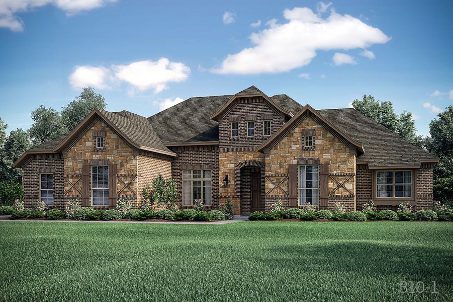 Representative exterior photo of a completed home built from the Barcelona by John Houston Homes in Levante - 1 Acre Lots, Waxahachie, TX (Image 1). Representative exterior photo of a completed home built from the Barcelona by John Houston Homes in Levante - 1 Acre Lots, Waxahachie, TX (Image 1).