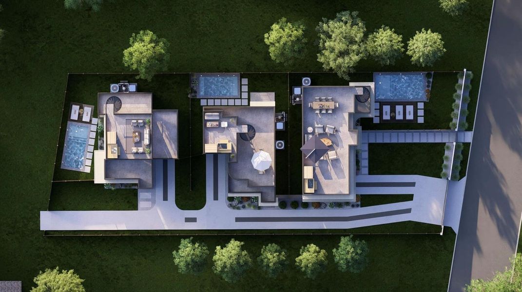 Three contemporary residences offer private pools, lush landscaping, and sophisticated outdoor living areas. Three contemporary residences offer private pools, lush landscaping, and sophisticated outdoor living areas.
