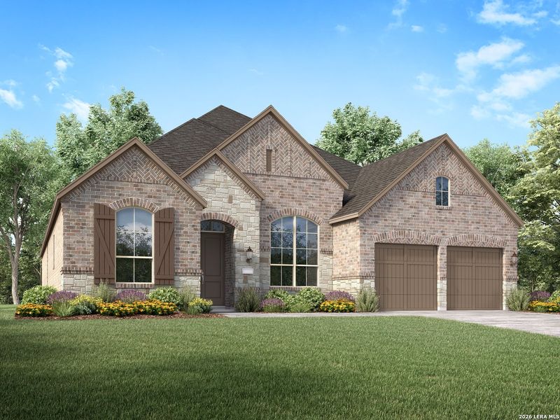 Front exterior of a new home in Briggs Ranch, San Antonio, TX, highlighting curb appeal (Image 1). Front exterior of a new home in Briggs Ranch, San Antonio, TX, highlighting curb appeal (Image 1).