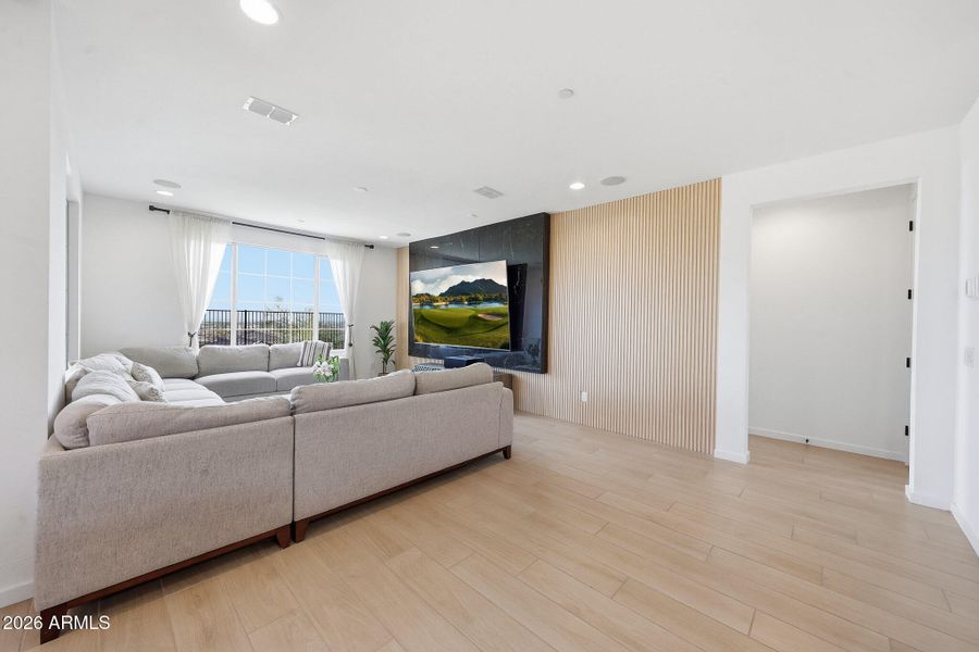 Great room showcased with a feature wall