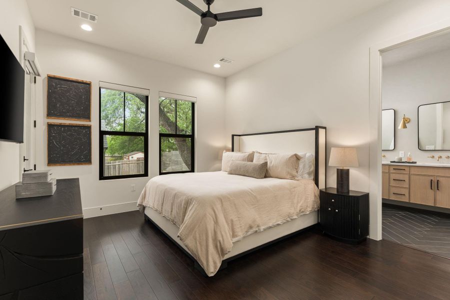 The primary bedroom is located on the first floor.