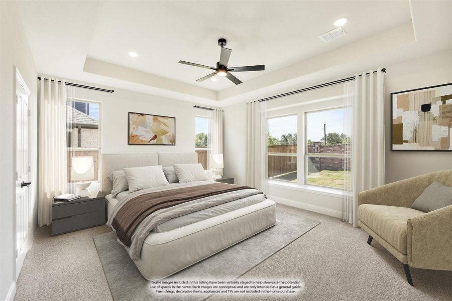 Primary bedroom with tray ceiling, ceiling fan, carpet flooring, and large windows with natural light