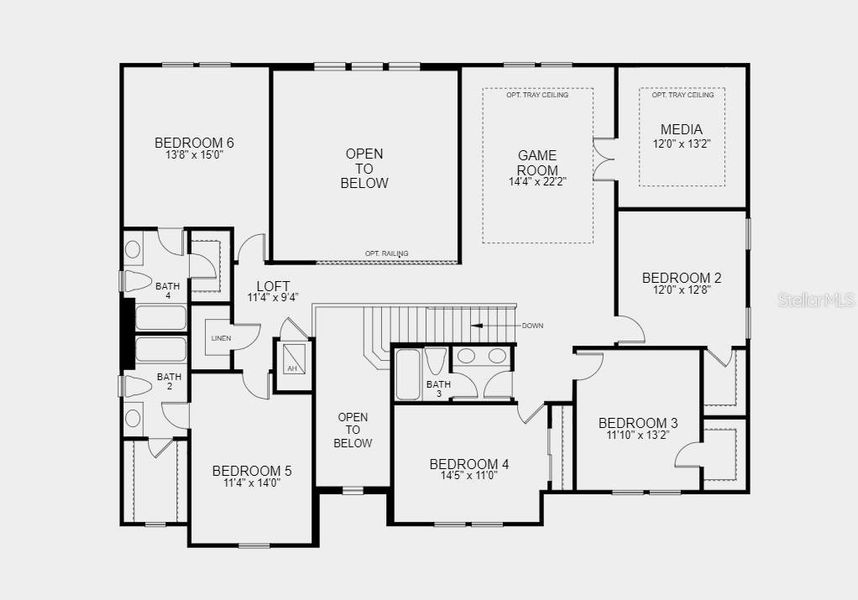 Second Floor Plan - Structural options added include: full bathroom at laundry room, extended lanai, and study in place of flex room.