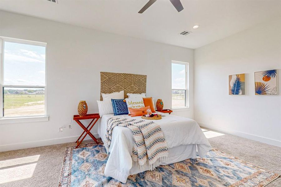 Main Carpeted bedroom featuring ceiling fan