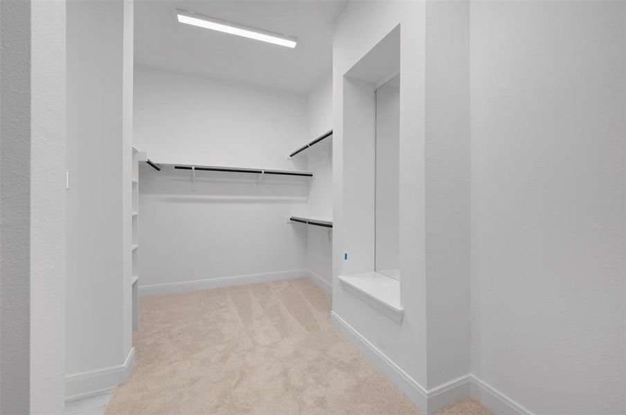 Walk in closet featuring light colored carpet