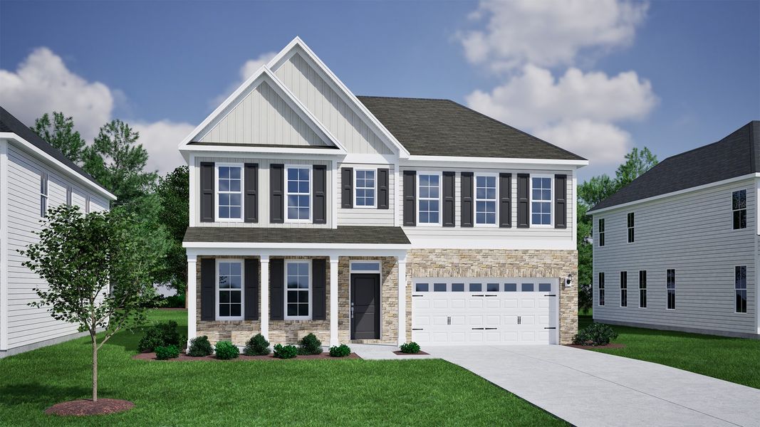 Representative exterior photo of a completed home built from the Edisto - Vanguard Collection by Mungo Homes in Lilah Grove, Summerfield, NC (Image 10).
