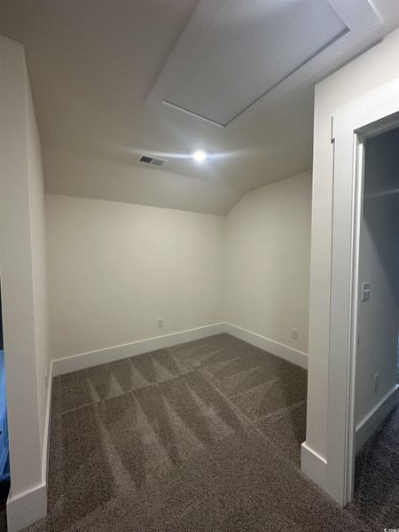 Basement with dark carpet