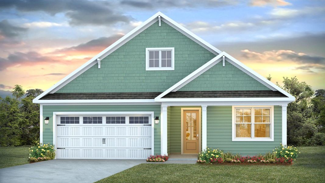 Front exterior of a new home in Indigo Preserve, Leland, NC, highlighting curb appeal (Image 1).