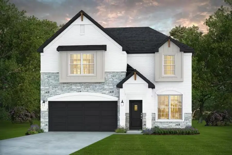 Front exterior of a new home in Pulte Homes at Two Step Farm, Montgomery, TX, highlighting curb appeal (Image 1). Front exterior of a new home in Pulte Homes at Two Step Farm, Montgomery, TX, highlighting curb appeal (Image 1).