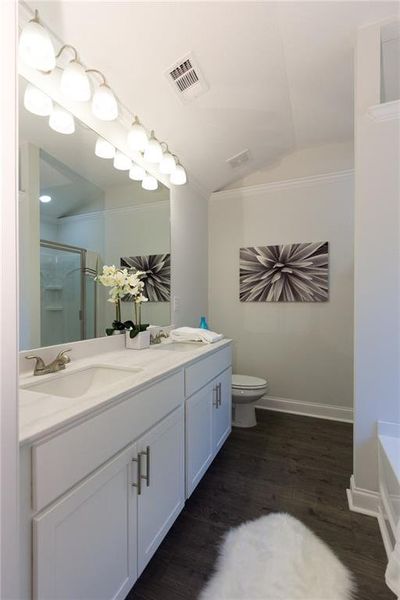 Full bathroom with toilet, vaulted ceiling, wood-type flooring, independent shower and bath, and double sink vanity