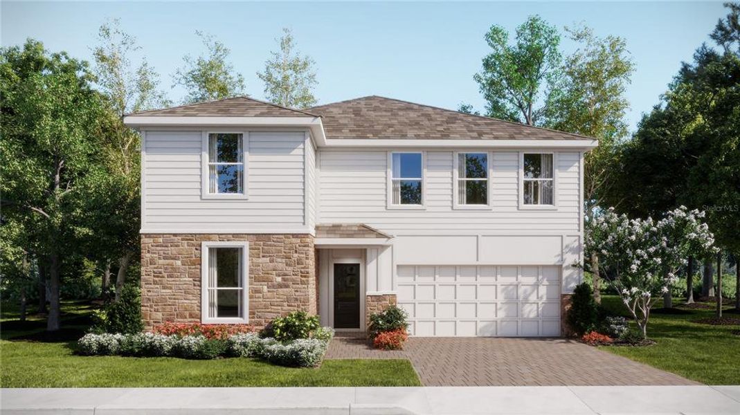 Front exterior of a new home in Wellness Ridge, Clermont, FL, highlighting curb appeal (Image 1). Front exterior of a new home in Wellness Ridge, Clermont, FL, highlighting curb appeal (Image 1).