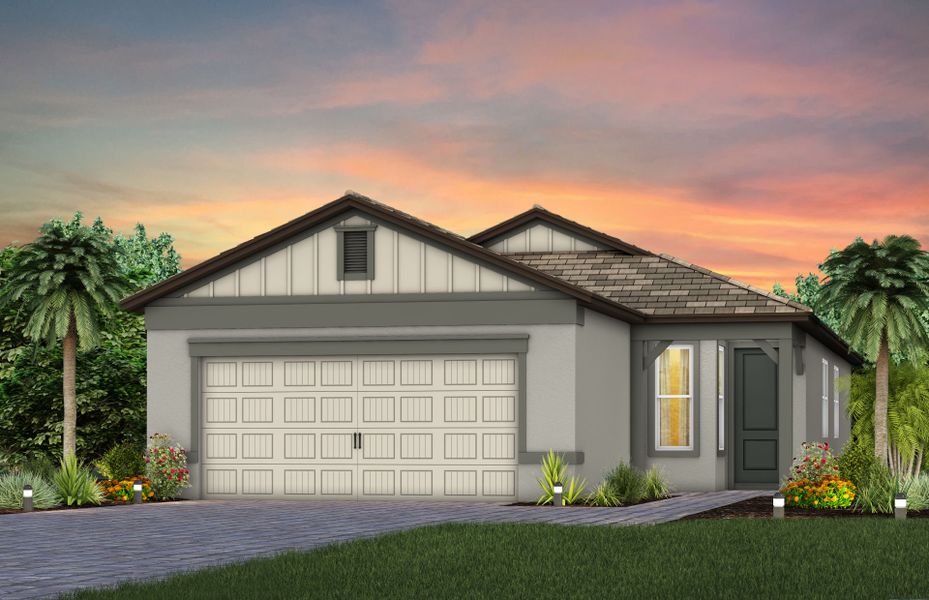 Representative exterior photo of a completed home built from the Compass by Del Webb in Del Webb Explore North River Ranch, Parrish, FL (Image 20). Representative exterior photo of a completed home built from the Compass by Del Webb in Del Webb Explore North River Ranch, Parrish, FL (Image 20).