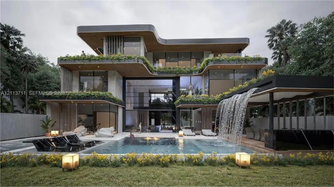 Contemporary multi-level exterior featuring floor-to-ceiling glass walls, integrated planters, tiered terraces, and a custom swimming pool with a built-in water feature