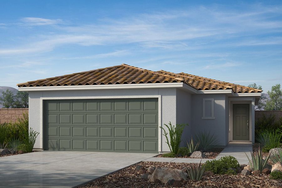 Representative exterior photo of a completed home built from the 1155 by KB Home in Bella Camino Traditions, San Tan Valley, AZ (Image 6). Representative exterior photo of a completed home built from the 1155 by KB Home in Bella Camino Traditions, San Tan Valley, AZ (Image 6).