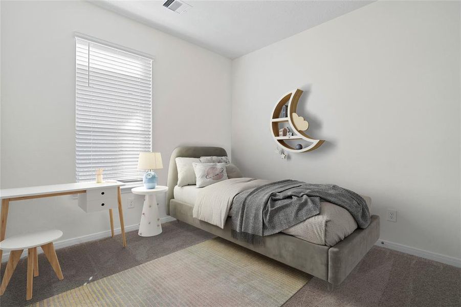 Secondary bedroom features plush carpet, neutral paint, lighting, large windows with privacy blinds and ample sized closet space.