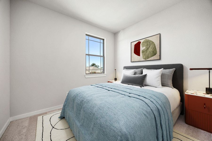 This secondary bedroom features high ceilings, recessed lighting, custom paint, plush carpet, a large window, and a walk-in closet! *Virtually Staged This secondary bedroom features high ceilings, recessed lighting, custom paint, plush carpet, a large window, and a walk-in closet! *Virtually Staged