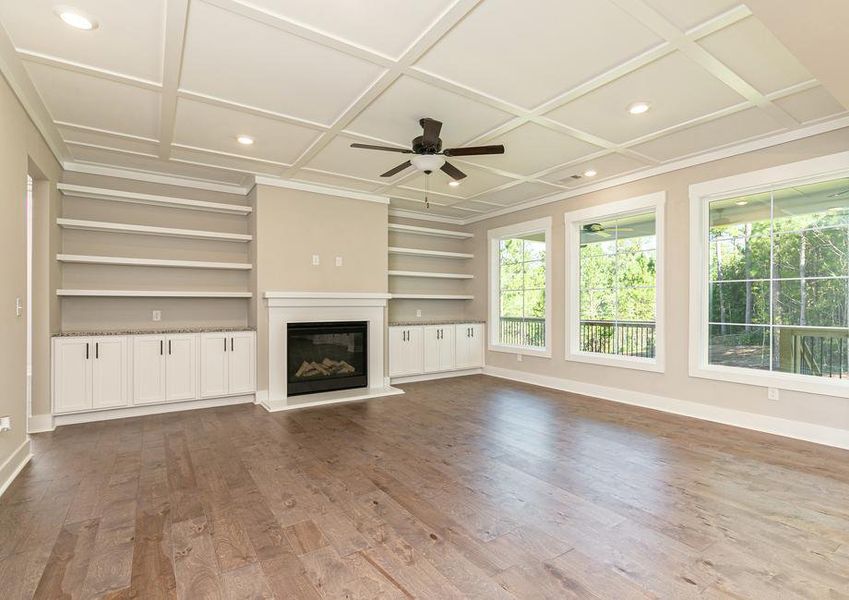 Living room with built-in shelving and a fireplace.