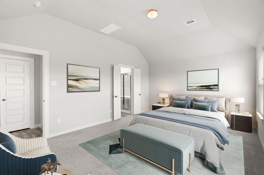 Escape and relax in the exquisite primary suite, a haven to unwind after a long day. The spacious room boasts plush carpeting, soothing paint tones, high ceilings, and expansive windows adorned with privacy blinds.  Sample photo of completed plan. As-built color and selections may vary.