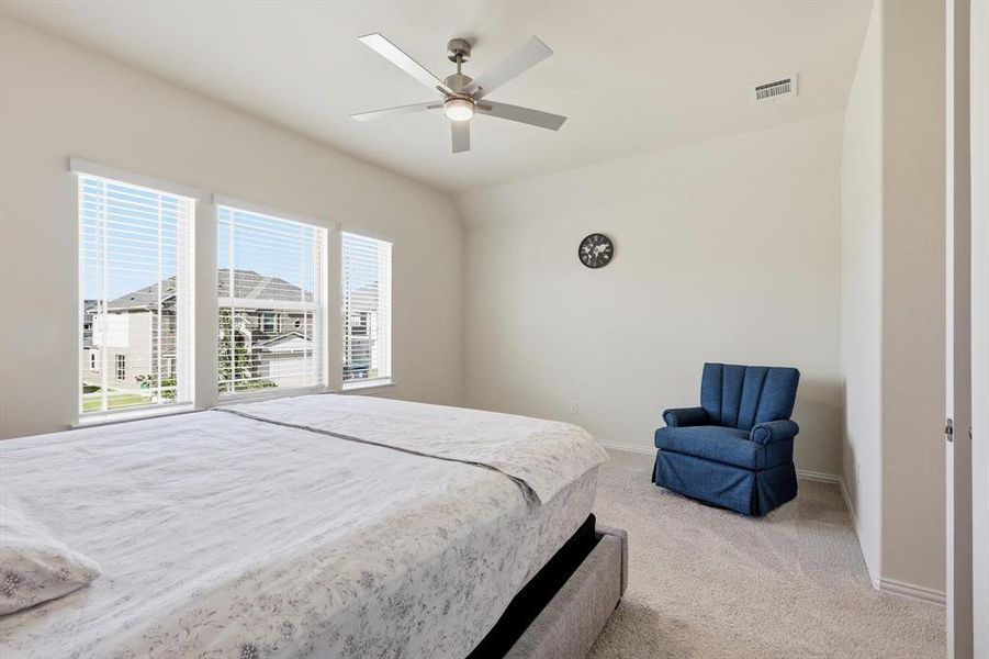 Spacious Bedroom featuring a ceiling fan, plenty of natural light and neutral-toned carpeting