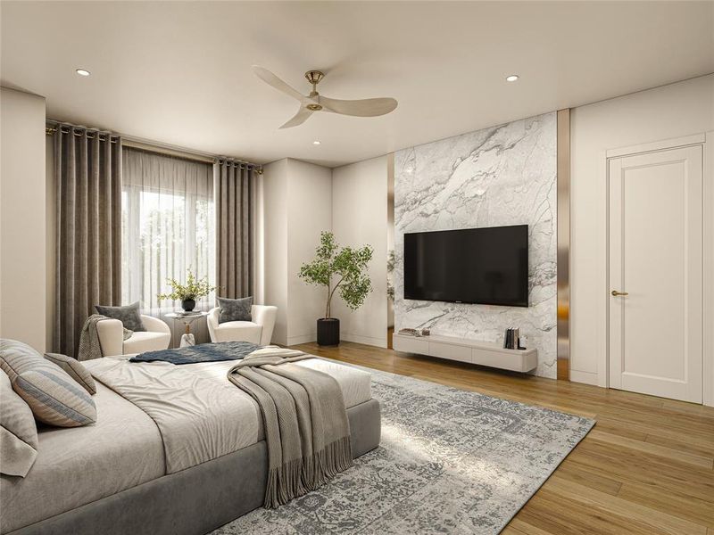 Spacious room featuring wood-finish flooring, a ceiling fan, and recessed lighting