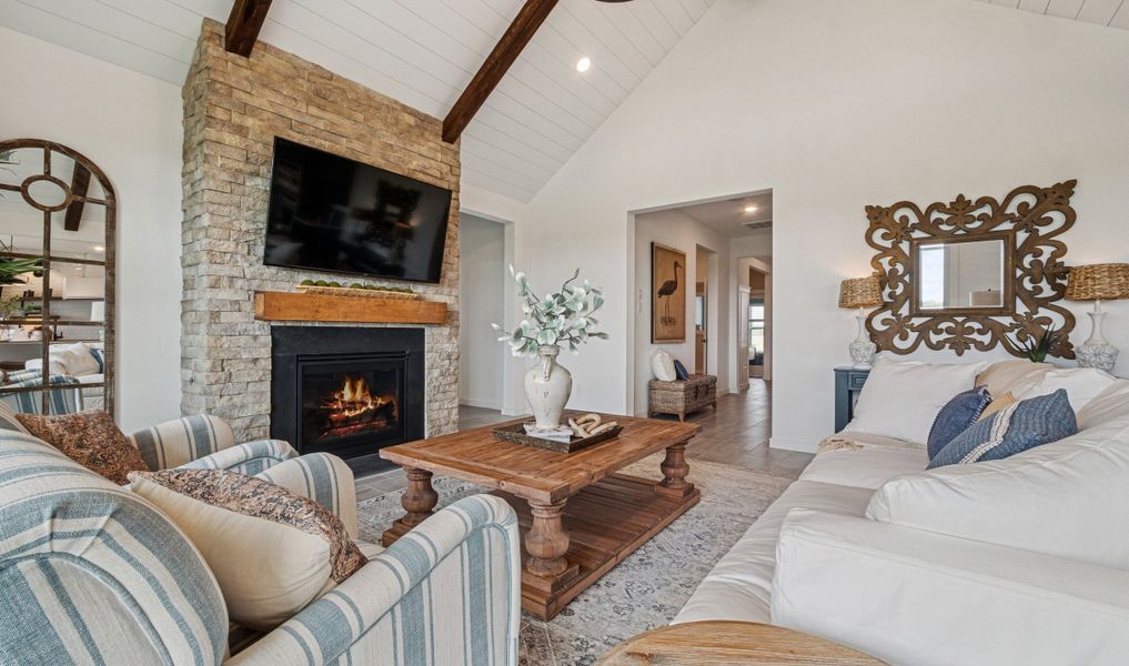 Great room with shiplap ceiling treatment Great room with shiplap ceiling treatment