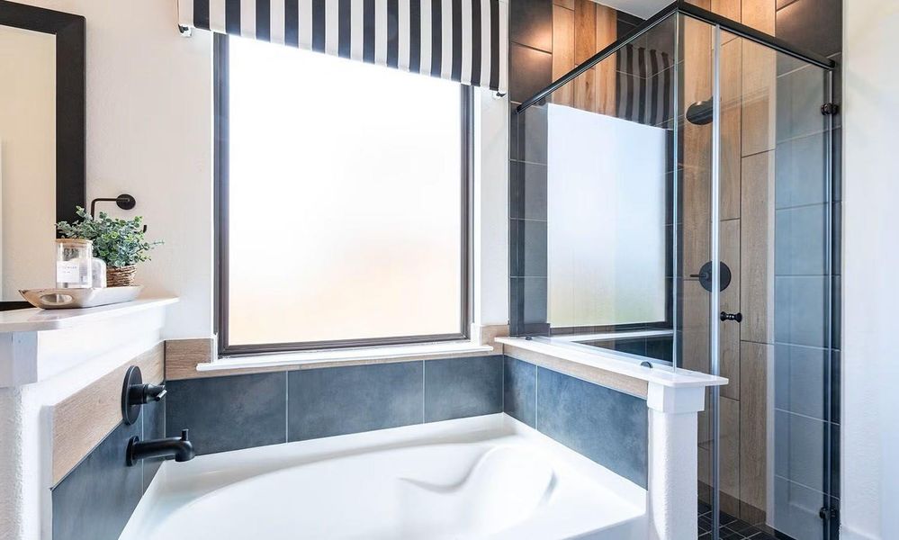 Spa inspired primary bathroom showcasing a soaking tub paired with a separate walk in shower, creating a relaxing retreat within the home. **Photos are representative only and may vary as built.**