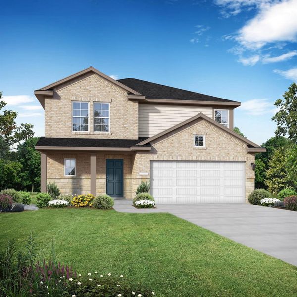 Front exterior of a new home in Emberly, Beasley, TX, highlighting curb appeal (Image 1).