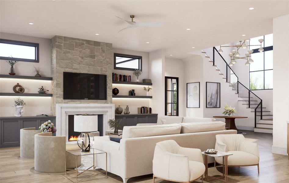 This open-concept living space is elevated by a stone-clad fireplace flanked by modern built-ins, where form meets function in clean, curated lines. Light wood floors and plush seating are arranged for both comfort and conversation, all framed beneath sleek architectural lighting and tall ceilings.
