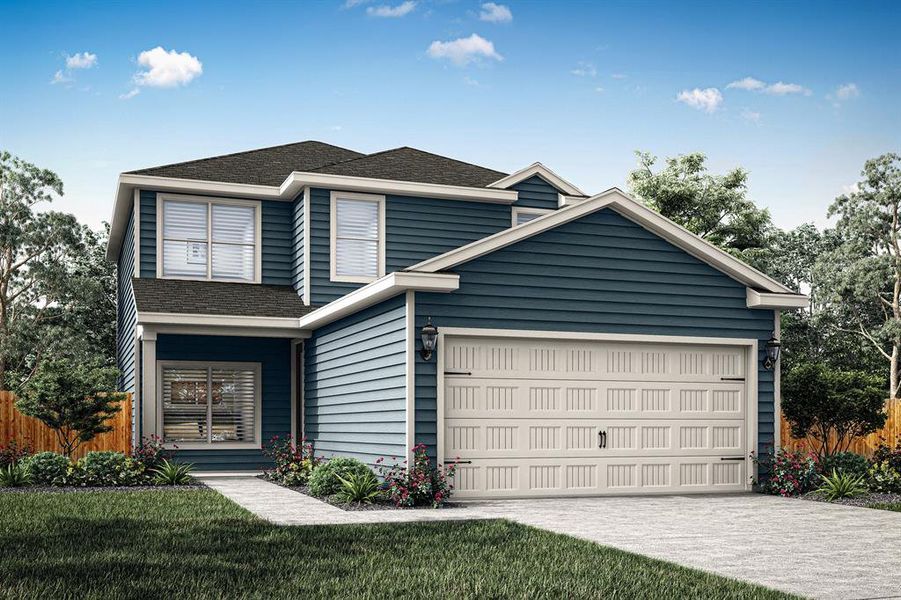 View of front of property with a garage and a front lawn