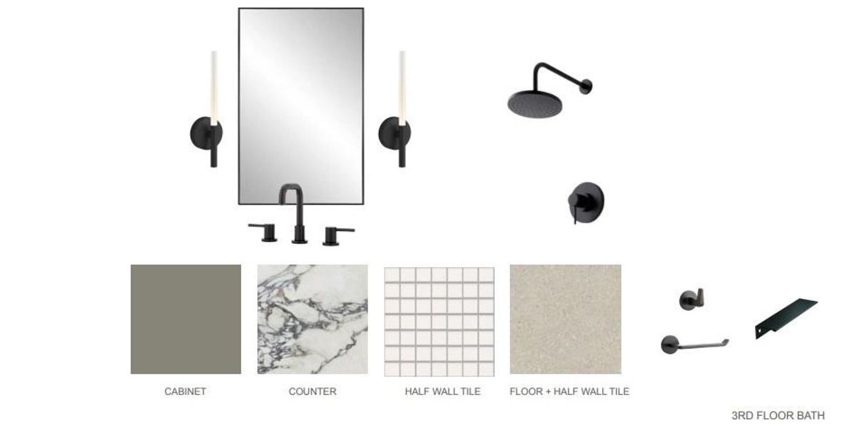 Bathroom Fixture and Finish Schedule. Presenting the specified components and material samples for the property's bathroom installation